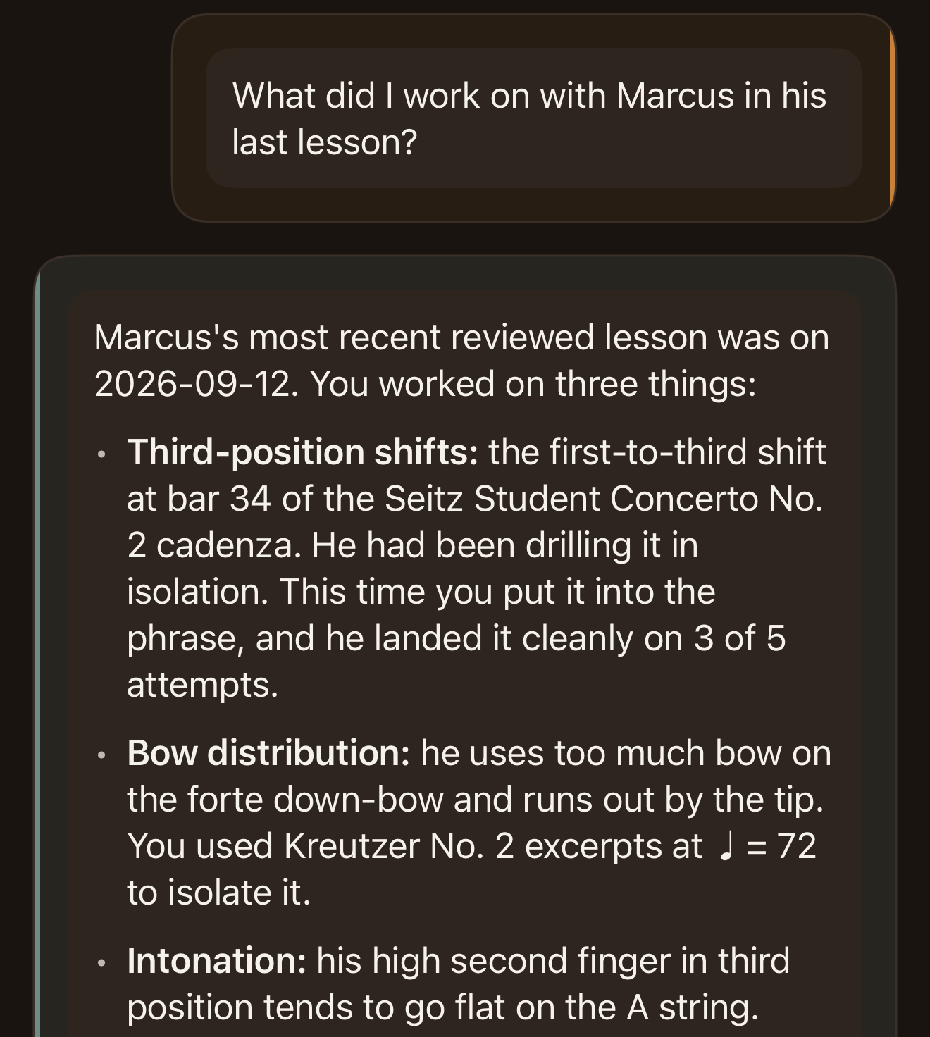 Ask Terza in the app: the teacher asks what they worked on with Marcus in his last lesson, and Terza answers with the lesson's date and three topics: third-position shifts at bar 34 of the Seitz concerto, bow distribution with Kreutzer No. 2, and intonation