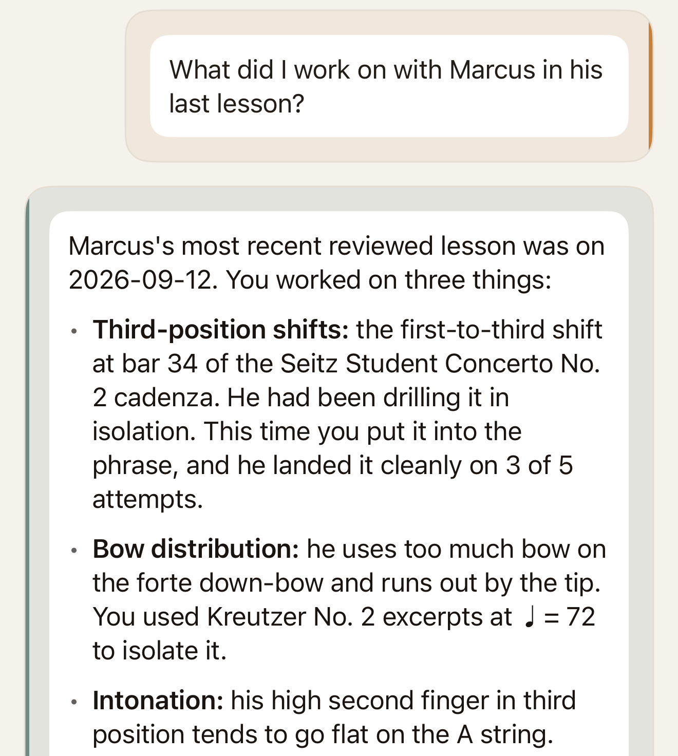 Ask Terza in the app: the teacher asks what they worked on with Marcus in his last lesson, and Terza answers with the lesson's date and three topics: third-position shifts at bar 34 of the Seitz concerto, bow distribution with Kreutzer No. 2, and intonation