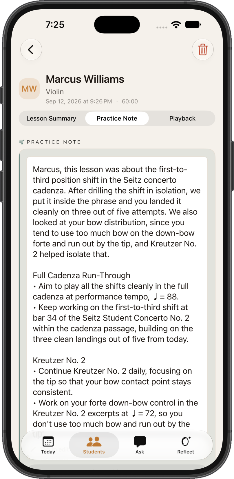 A practice note in Terza for a violin student, organized by piece with tempos and bar numbers, for the teacher to edit before choosing whether to share it