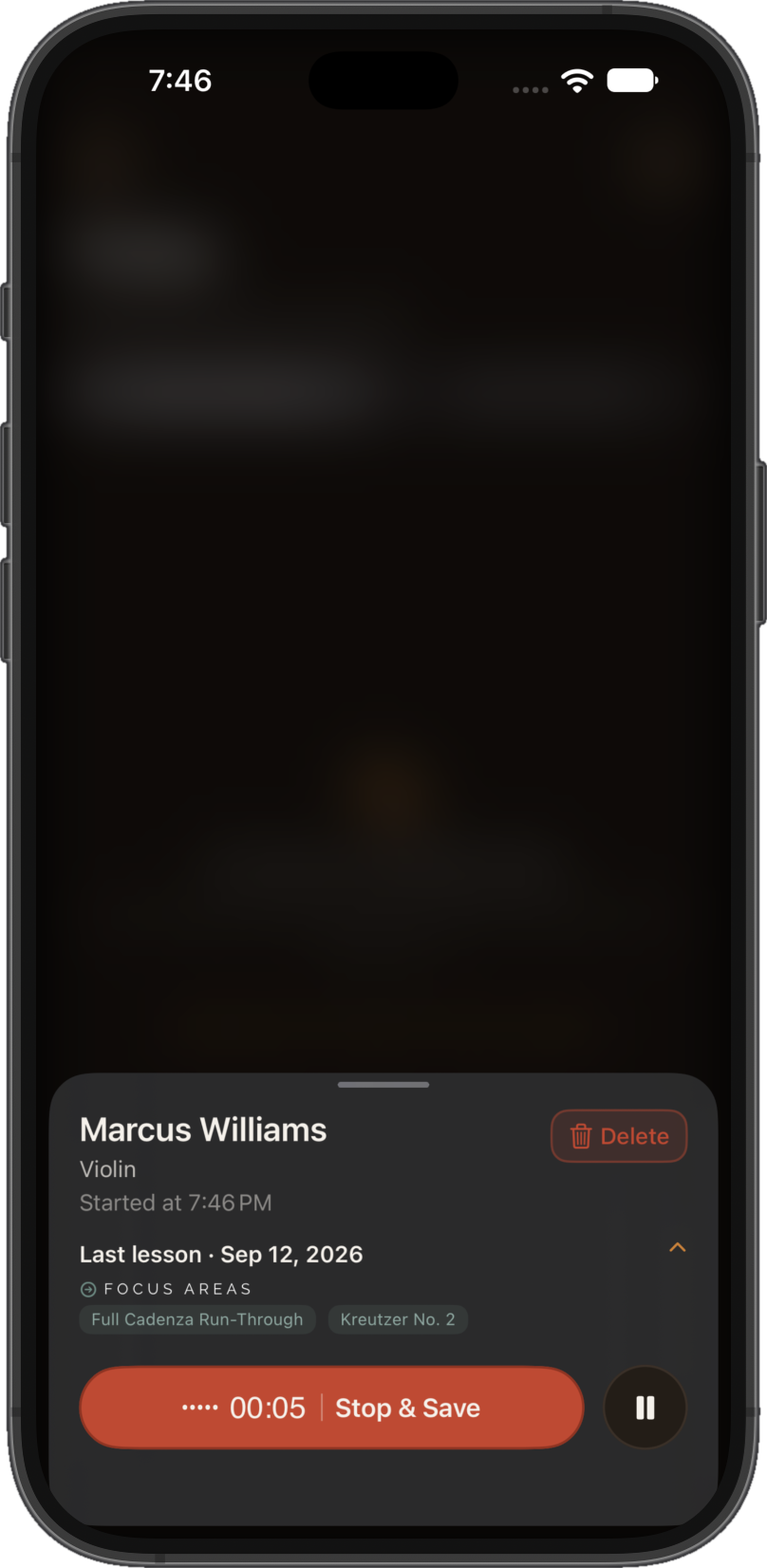 Terza recording a lesson on an iPhone: student name, instrument, the focus areas from the student's last lesson, and a Stop & Save button with a live level meter