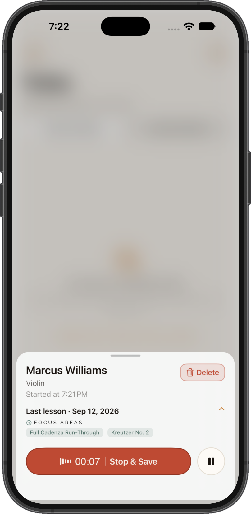 Terza recording a lesson on an iPhone: student name, instrument, the focus areas from the student's last lesson, and a Stop & Save button with a live level meter