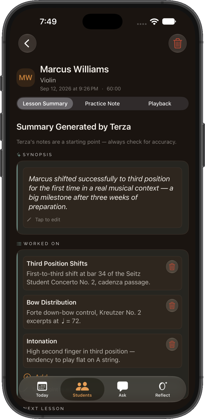 A lesson summary waiting to be reviewed in Terza: an editable synopsis generated from the recording, and the topics worked on, with bar numbers, pieces, and tempos