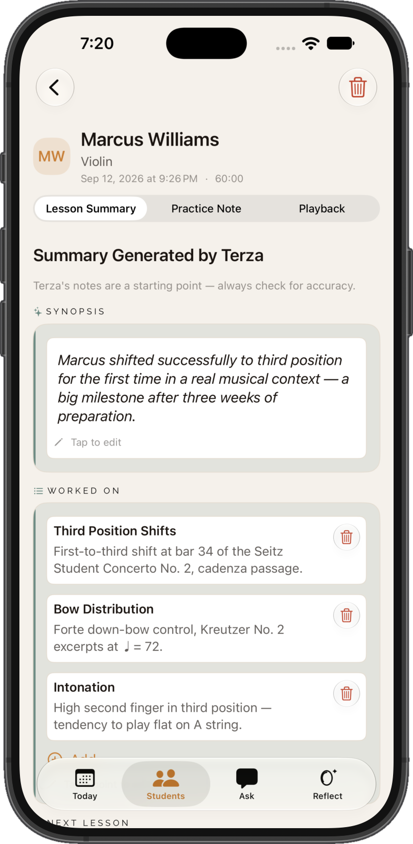 A lesson summary waiting to be reviewed in Terza: an editable synopsis generated from the recording, and the topics worked on, with bar numbers, pieces, and tempos