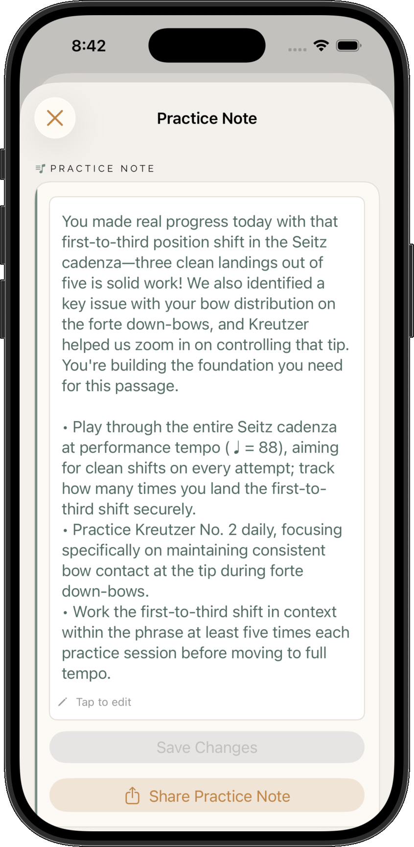 A practice note ready to share with a parent or student in Terza, with a Share Practice Note action the teacher must take